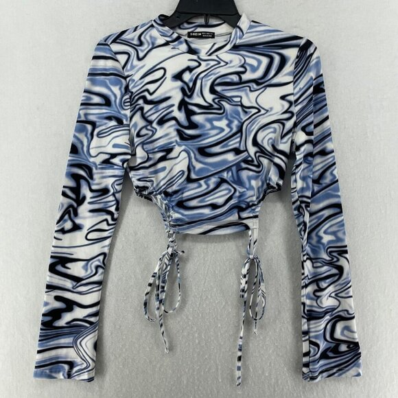 SheIn T Shirt Womens 4 Blue White Marble Print Tee Cut Out Round Neck Tie Side - Picture 1 of 12